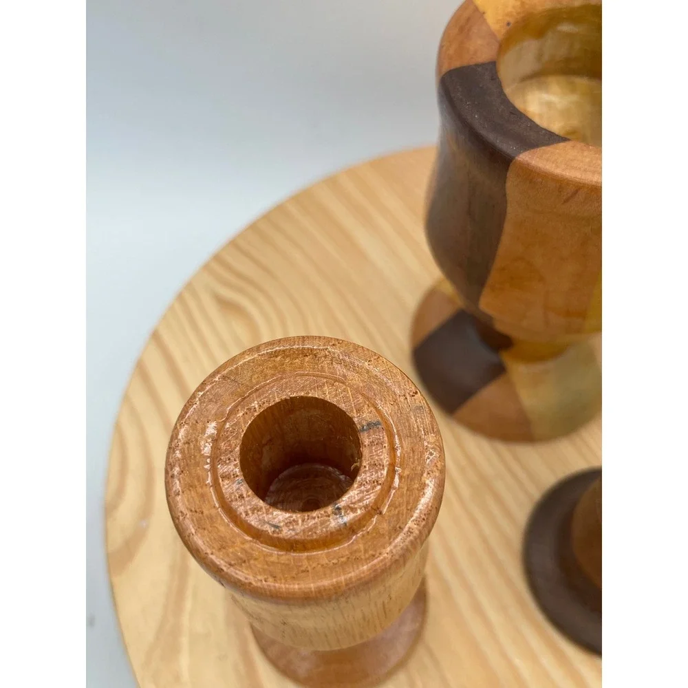Vtg Mid Century Modern Turned Wood Candlestick Holders Set 3 minimalist